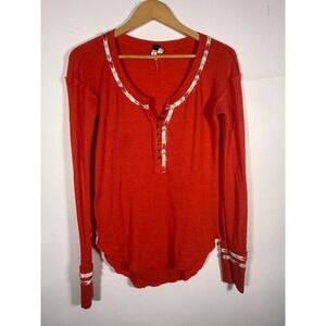 Free People We The Free Orange Red Thermal Henley Embroidered Trim Top XS
